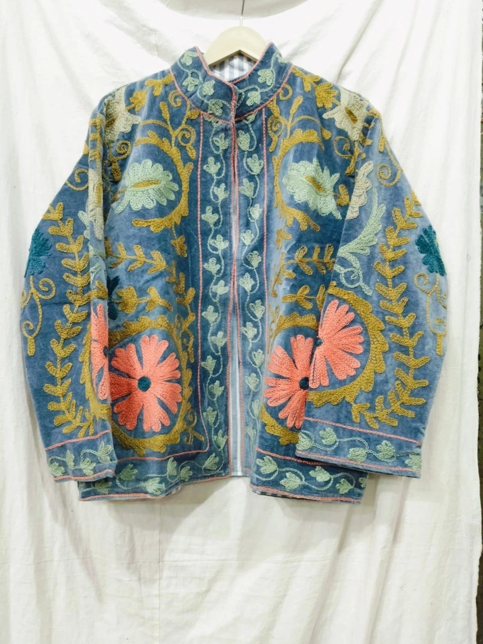 Handmade Suzani Embroidered Velvet Jacket Blue Floral Bohemian Ethnic Wear
Opens in a new window or 