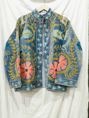Handmade Suzani Embroidered Velvet Jacket Blue Floral Bohemian Ethnic Wear
