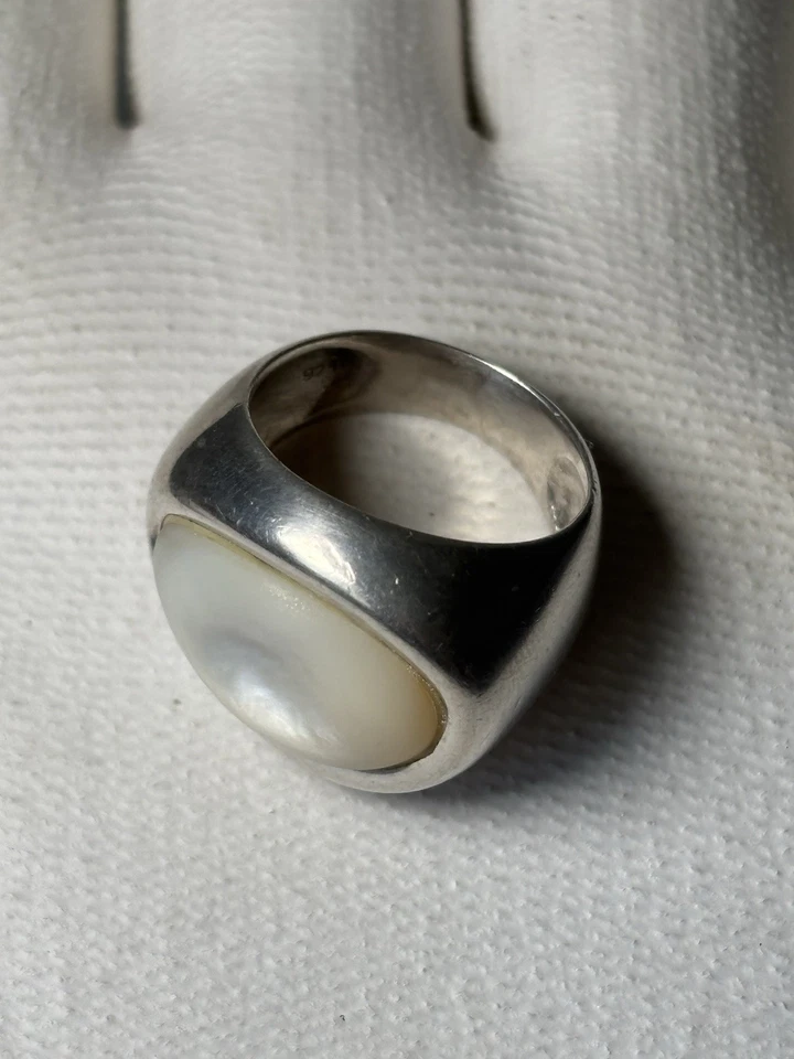 Bague En Argent Massif 925 Et Pierre Blanche Opalescente , Vintage - Photo 2/4