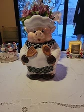 Vintage CHEF  PORKY Pig Cookie Jar Spoon & Fork Checked apron & Hat  BBQ   