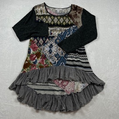 Sacred Threads Patchwork Tunic Top Womens Med Boho Ruffle High Low Mixed Print