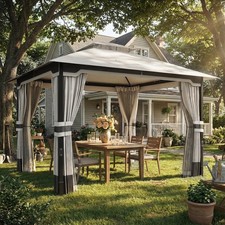 3 x 3.6 m Outdoor Garden Gazebo with Netting, Curtains, Double Roof