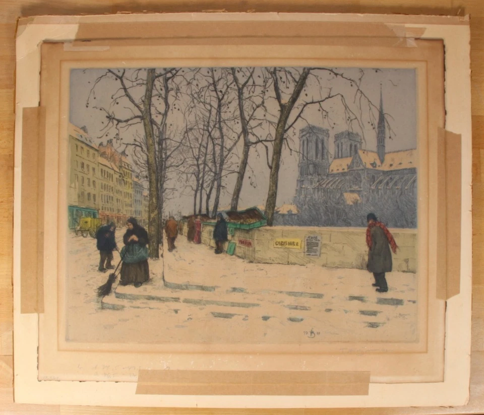 TAVIK FRANTISEK SIMON Quai de la Tournelle im Winter ~ Farbradierung Paris 1911 - Bild 3 von 4