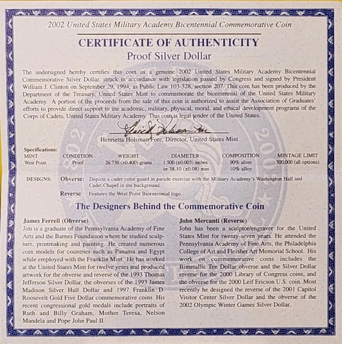 2002 US Military Academy Bicentennial Proof Silver Dollar Coin W/Box & COA - Picture 9 of 9