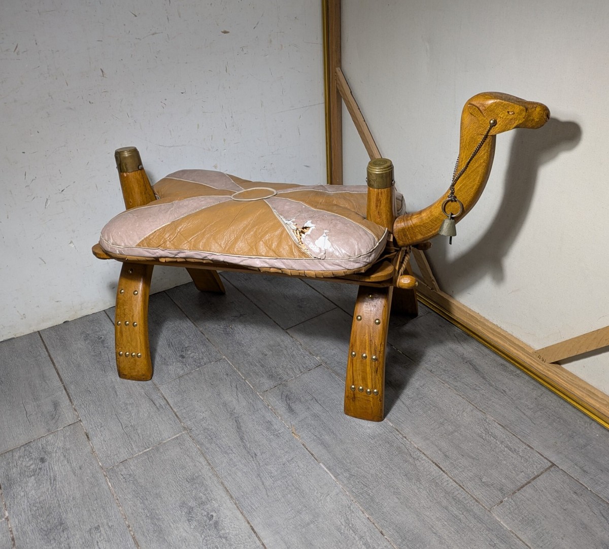 Vintage Camel Saddle Carved Wood Foot Stool Ottoman Egyptian Decor 