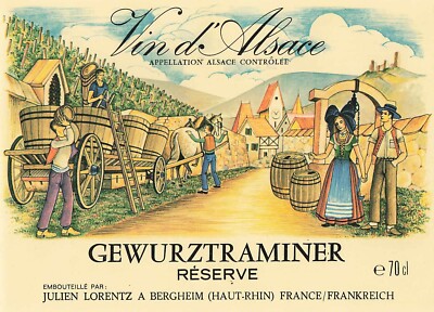 Wine Label Julien Lorentz Vin d'Alsace Gewurztraminer Reserve  5 W X 3 1/2 H Fr