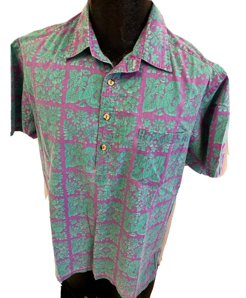 Camisa de Surfista Hawaiana Estampado Inverso Floral Verde Pull Over Kalani Púrpura Años 80 De Colección Foto 2 de 4