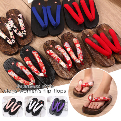 Geta Japanese Clogs Slippers Wooden Flip-flops Sakura Print Cospaly Costumes New