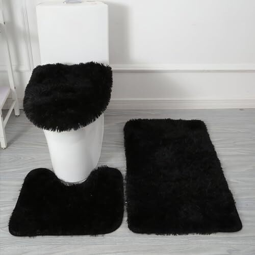 Shaggy Bathroom Rugs Sets 3Piece Bath Mat for Bathroom Non-slip Set of 3 Black - Picture 1 of 4