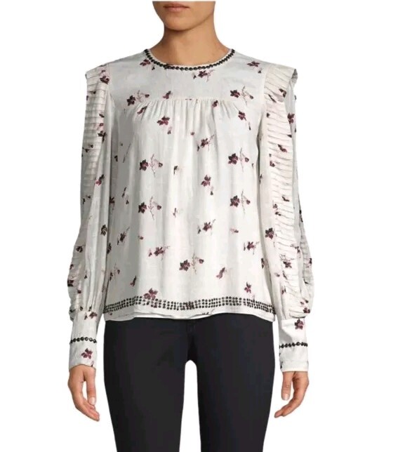 Joie Anthropologie ruffle Jacquar floral blouse metal studs