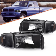 Amber Corner Black Headlight Assembly For 1994-2002 Dodge Ram 1500 2500 3500 2PC