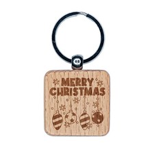 Merry Christmas Hanging Ornaments Engraved Wood Square Keychain Tag Charm