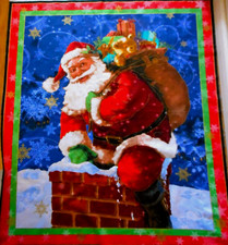 Christmas Fabric Panel 1 Yard Santa w/ Sack in Chimney Metallic Gold Cotton 45 C