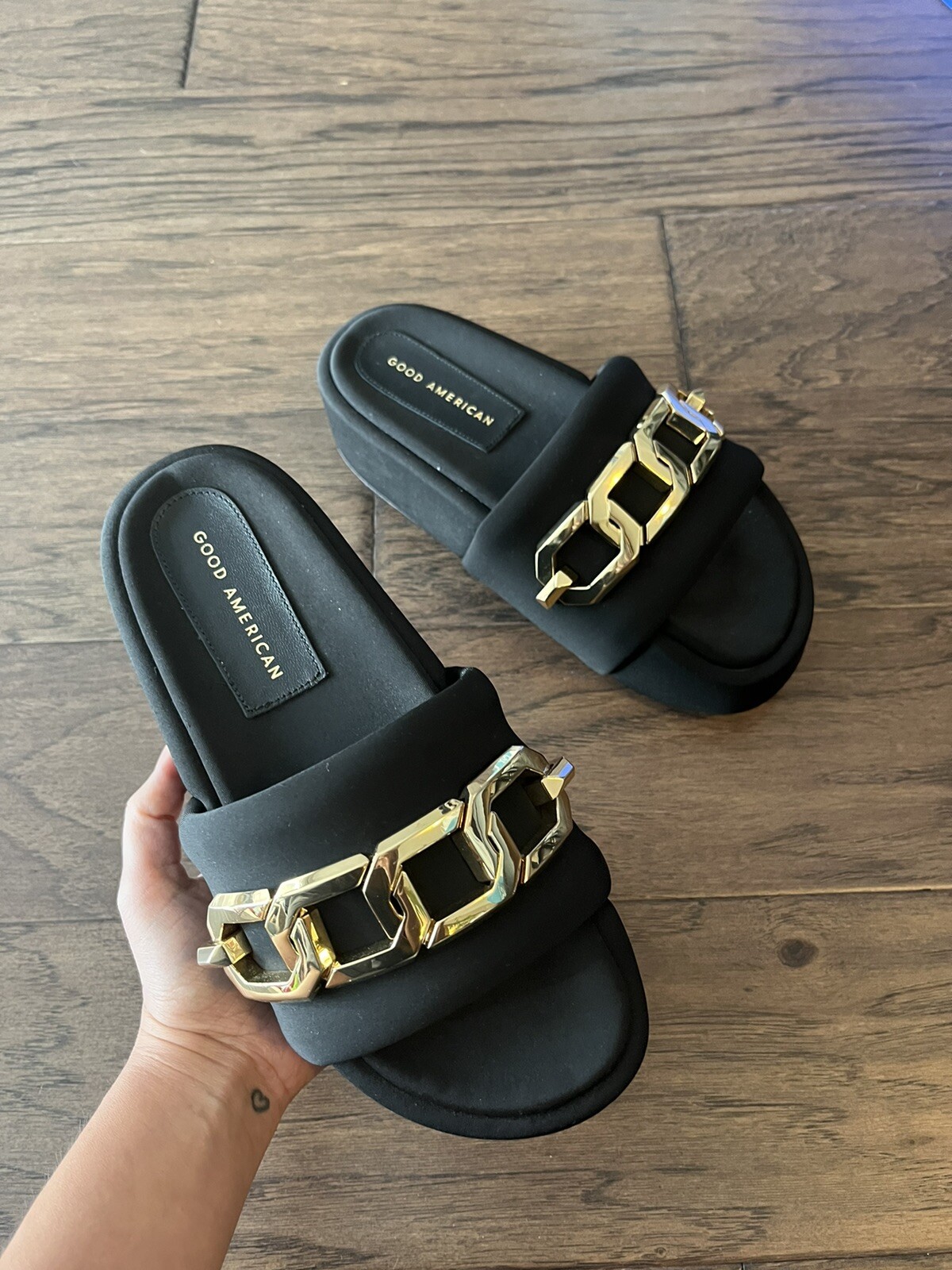 PANTOFOLA D’ORO Buona catena americana oro plateau diapositive nere. Donna taglia 7. Nuovo senza scatola