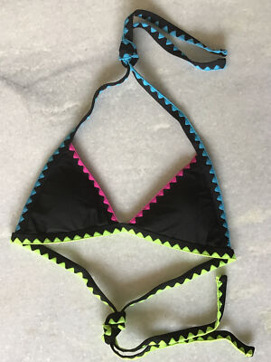 Joe Boxer SMALL BOHO Halter Triangle Bikini Swim Top Black Neon Embroidered  Edge