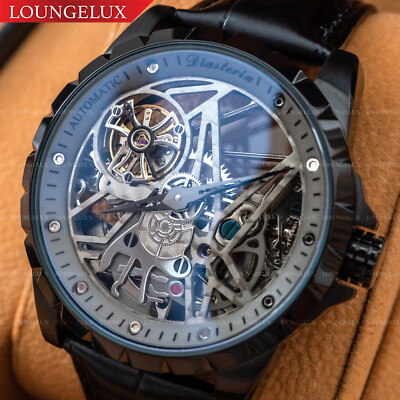 Mens Skeleton Automatic Mechanical Watch - Black Grey Dial Black Leather Strap