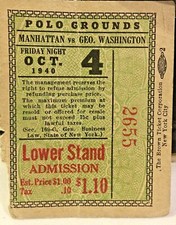 OCTOBER 1940 Ticket Stub New York City Polo Grounds NYC Manhattan College vs GWU