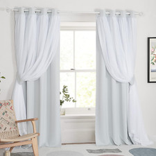 Double Layer White Curtains 84" Long with Sheer Overlay, 2 Pieces