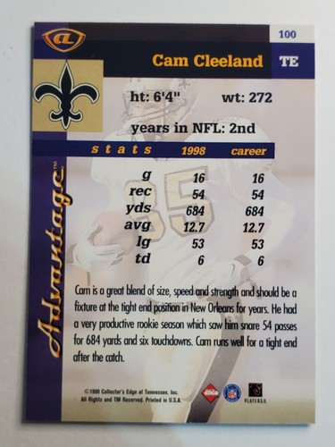 1999 Collector's Edge Advantage Gold Ingot #100 Cam Cleeland New Orleans Saints - Picture 2 of 2