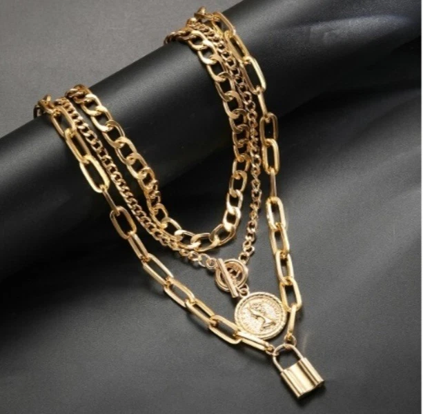 Collana grande grossa Zara placcata oro 18k nuova 3 strati toggle, dettaglio blocco monete