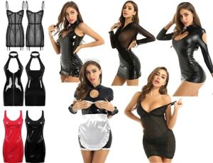 Women's Wetlook Bodycon Shiny Leather Mini Dress Raves Party Dancewear Clubwear