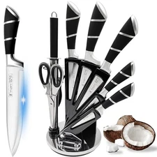 Kitchen Knife Set 9 Piece Knife Set with Block with Sharpener Non-Stick Cleaver