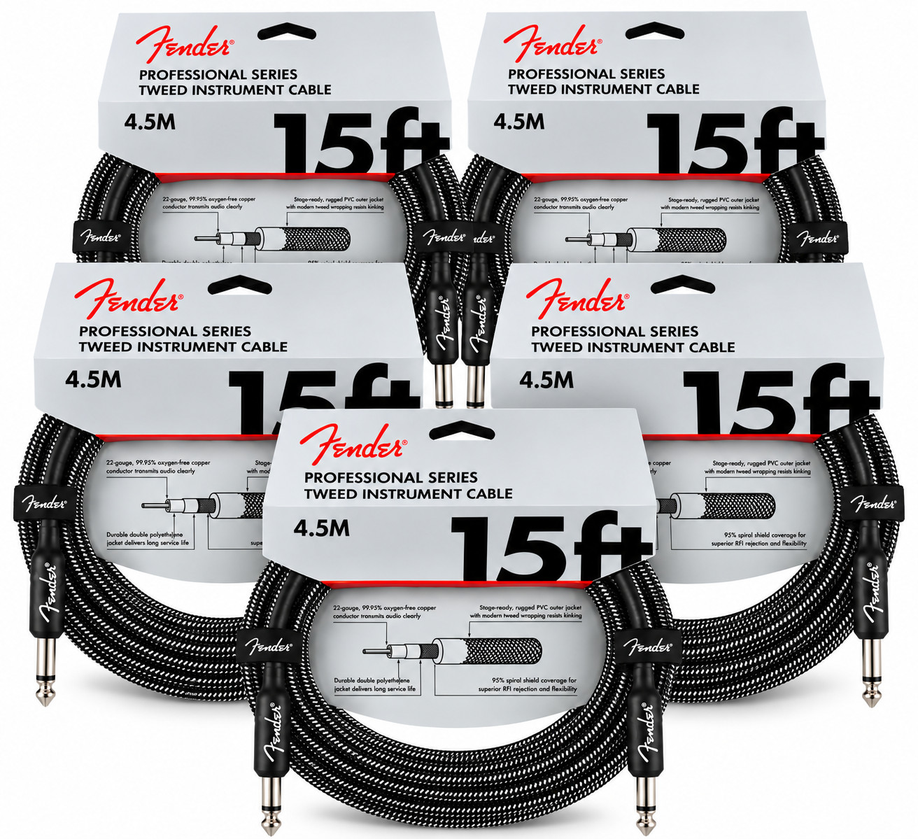 5-PACK Fender Professional 15FT Straight 22AWG Gray Tweed Instrument Cable