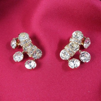 Vintage Mid Century EISENBERG Earrings Clip-On, Clear Crystals, Goldtone, Signed