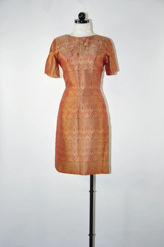 60s Vintage Iridescent Copper Silk Ikat Short Sleeve Slim Wiggle Dress Women S M - Image 2 of 4