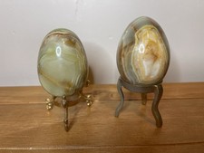 2 X Green/ Brown Onyx Marble Eggs With Stands .