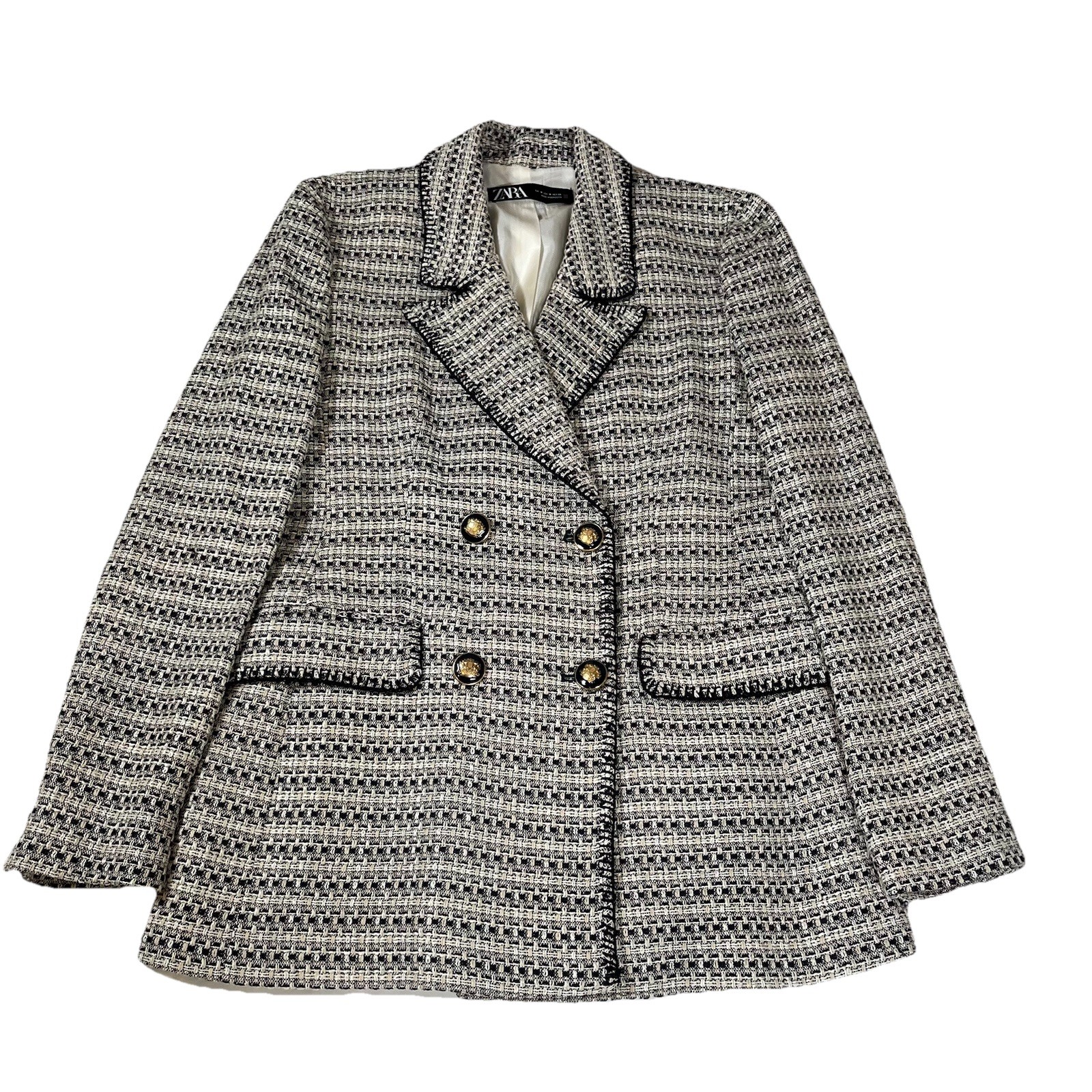 Zara Tweed Double-Breasted Blazer Gold Crest Buttons Size M Preppy