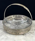 Vintage Depression Glass Divided Candy Relish Nut Dish Metal Silver Basket 1930s