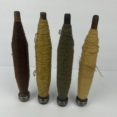 Vintage Industrial Wooden Sewing Spindles Dark Brown Gold Olive Green Thread