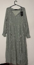 DUSK Sage Green Shimmer Tiered Dress UK 14 Metallic Foil Boho Midi NWT