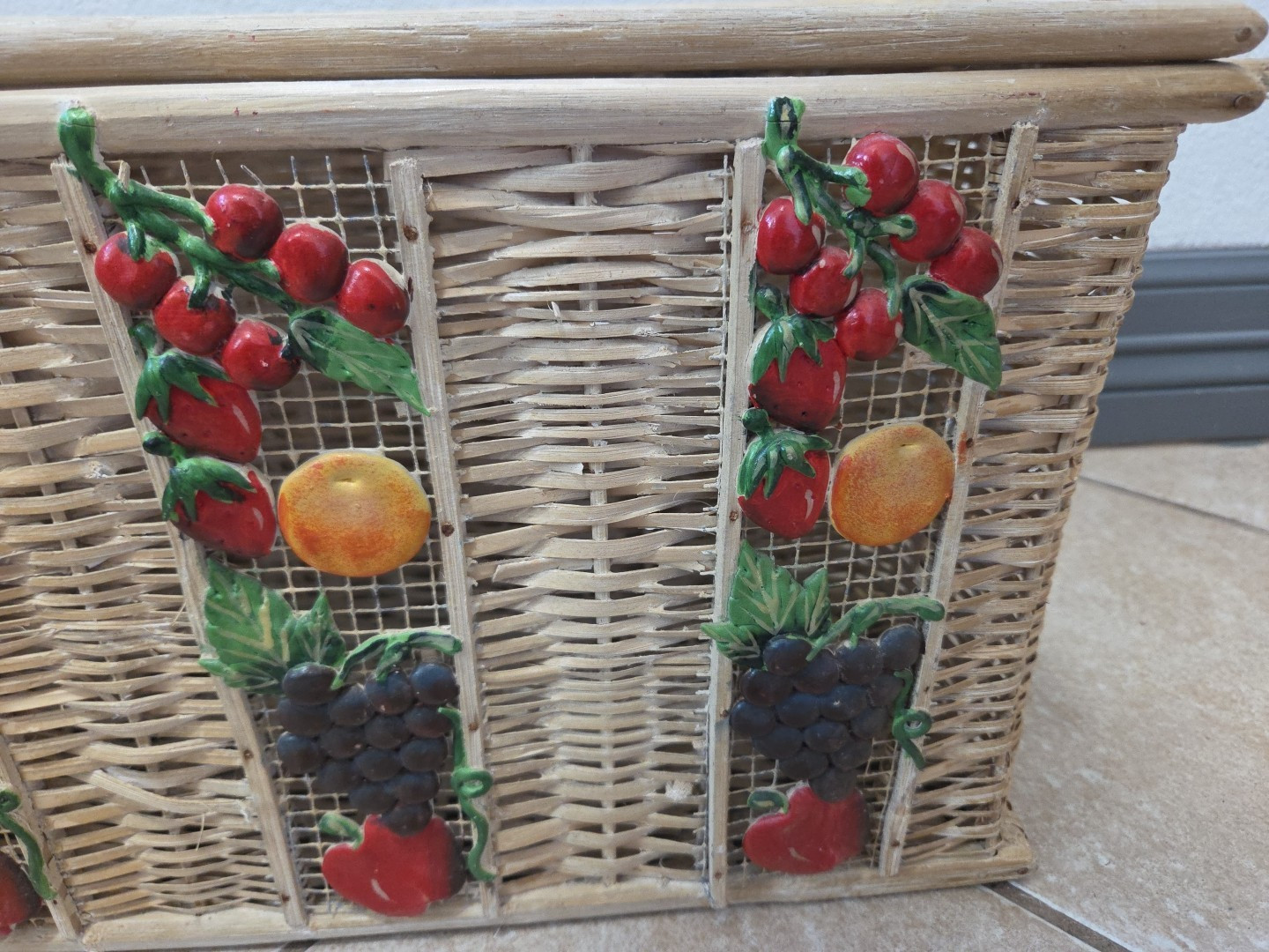 Vintage Wicker Basket Utensils Caddy with Fruit Design Apple, Grape, Orange 17"