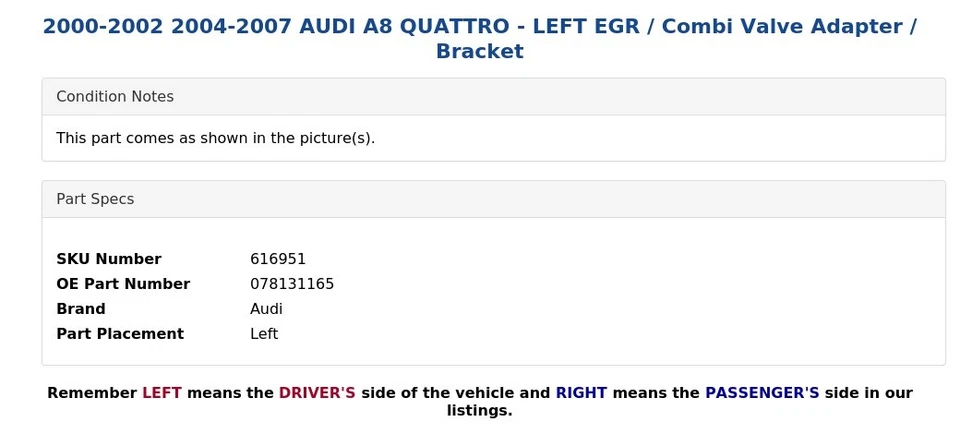 AUDI A8 QUATTRO 2000-2002 2004-2007 - EGR IZQUIERDO / Adaptador de válvula combinada / Soporte Foto 4 de 4