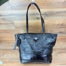 Coach Patent Leather Signature Stripe Bag Elegant Black Tote Bag