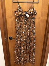 GAP Floral V-Neck Smocked A-Line Midi Dress Petites L Ruffle Spaghetti Strap