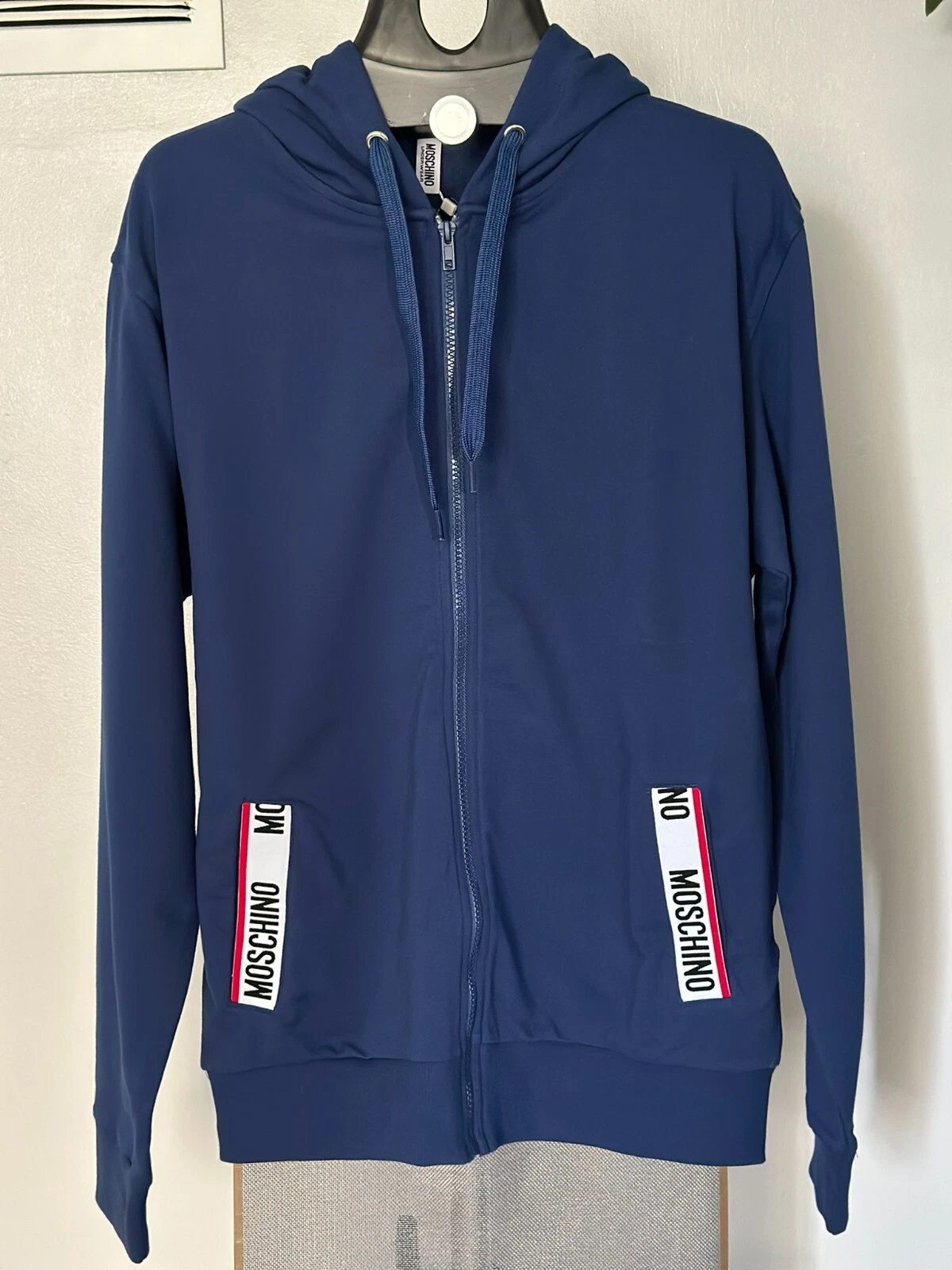 Felpa con cappuccio con nastro Moschino blu vestibilità regolare nuovissima con etichette taglia S