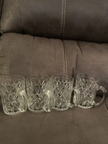 4 Vintage Paul Sebastian 24% Lead Crystal Diamond Cut Glass Coffee Mugs 4.5”
