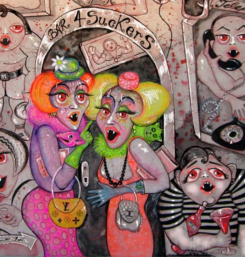 arte contemporáneo pintura pop decoración del hogar bar pub gente bebida dibujos animados comix rosa Foto 2 de 4