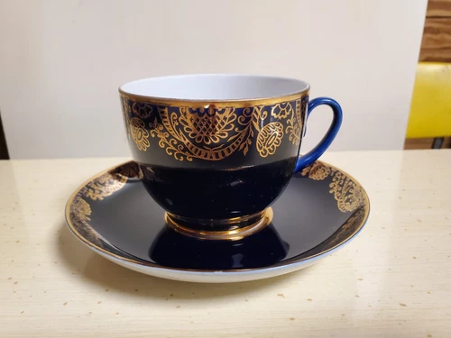 Lomonosov Porcelain Teacup & Saucer Cobalt Blue Gold Lacework Russia 