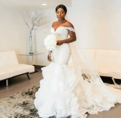 Crystal Mermaid Wedding Dresses Off Shoulder Ruffles Chapel Train Plus Size  | eBay