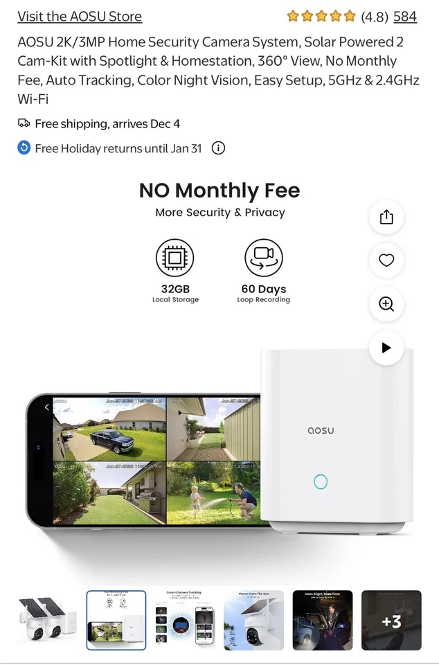 aosu 2K QHD 3.0-MP Dual-Band Wi-Fi® Outdoor AI-Smart Solar Security Camera Kit - Image 3 of 4