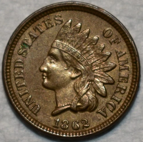 About Uncirculated 1862 Indian Head Cent, Sharply Struck specimen.