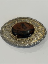 Vintage Western Style Silver Gold Tone Belt Buckle w/ Brown Stone Center Boho