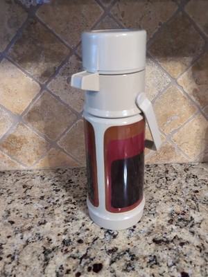 VTG 1970's Thermos 1L Touch Top Coffee Server Beige Geometric 2645 Pump Action
