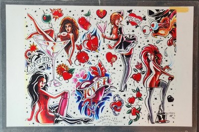 Vintage 1996 Frank Lee Traditional Style Tattoo Flash Sheet Shop Used Girls Wolf