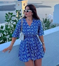 BNWT: Stunning FLORAL Cutwork embroidery mini dress from ZARA: LARGE: BLUE