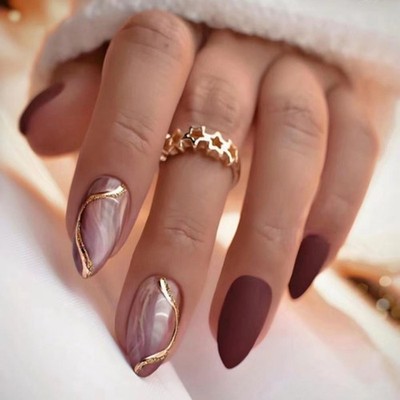 48 Pcs Marble Line Press on Nails, Medium Almond Wine Nude Elegant Fake Nails
